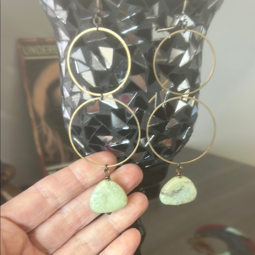 Brass And Green Stone Long Dangle Earrings